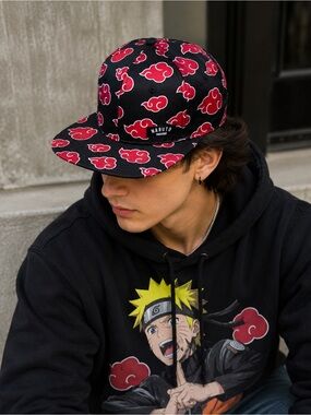 NWT Naruto Akatsuki Cloud Snapback Hat Black Red Anime Manga Cosplay Cap OS